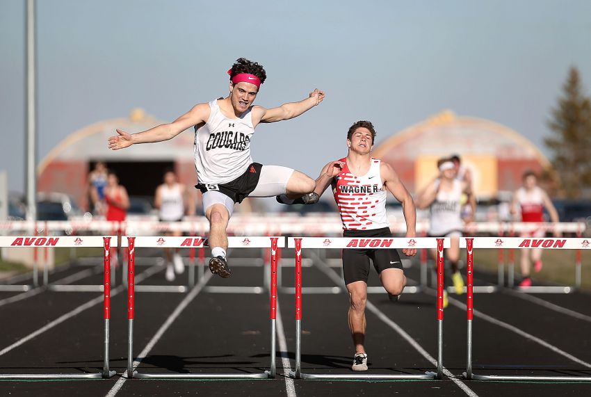  Class B Boys Track and Field Leaders - Viborg-Hurley's Luke Campbell setting the pace in the Class B hurdles