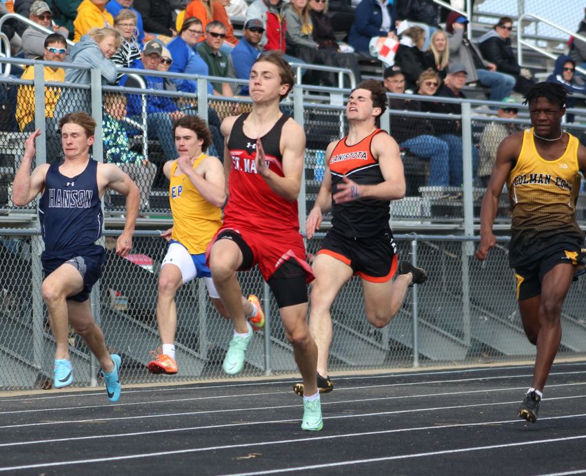  Class B Boys Track and Field Leaders - Lucas Flemmer jumps on top of crowded Class B sprint field