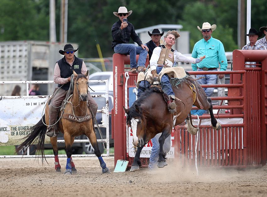 Gregory's Taos Weborg scores top bareback ride at Tuesday's National High School Finals Rodeo